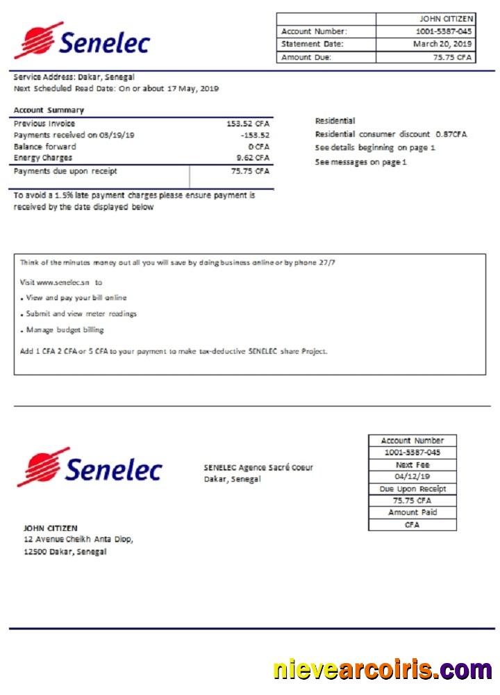 Senegal Senelec Agence Sacré Coeur Company electricity utility bill